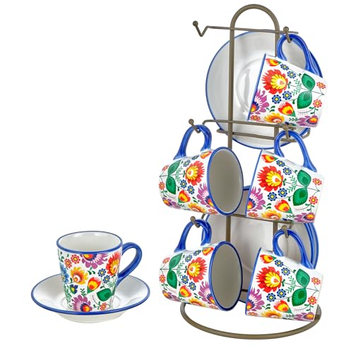 Baroni Home Set aus dekorierten Keramik-Tassen mit Untertassen und Ständern, Küchenutensilien, bunt, robust, Linie Flora, 15 x 13 x 29 cm von Baroni Home
