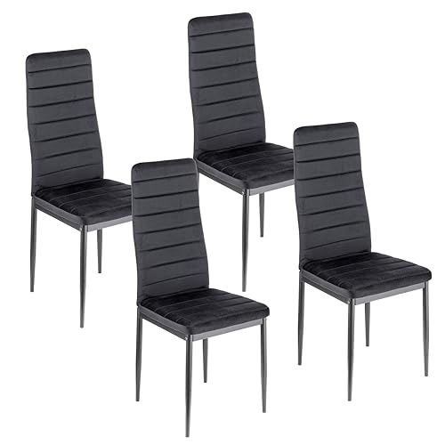 Baroni Home 4er-Set Esszimmerstühle mit hoher Rückenlehne und ergonomischer Sitzfläche mit dekorativen Nähten, Elegante Polsterstühle aus Samt mit Stahlrahmen, 42x43x98 cm, Schwarzer Samt von Baroni Home