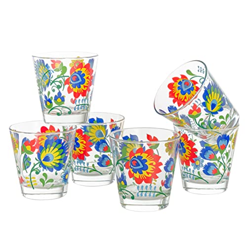 Baroni Home Set mit 6 Wassergläsern, bunt, bedruckt, aus Glas, hergestellt in Italien, Fassungsvermögen 25 cl, bunte Blumen von Baroni Home