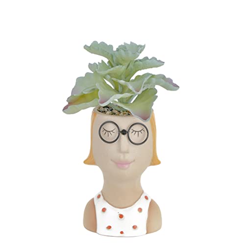Baroni Home Vase aus Keramik mit Kunstpflanze, Design mit Gesicht, modern, handbemalt, Vase für Innen- und Außenbereich, Tank Top und Brille, 9 x 7,5 x 13 cm von Baroni Home