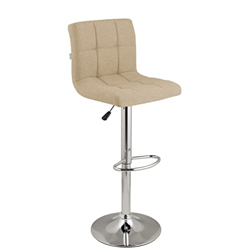 Baroni Home gepolsterter Barhocker oder Küchenhocker, verstellbar und drehbar um 360°, mit Rückenlehne und Fußstütze, Gestell aus verchromtem Stahl, Beige Stoff, 1 Stück von Baroni Home