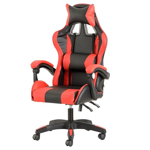 Baroni Home Gaming-Stuhl, Bürostuhl mit Kopfstütze und Verstellbarer Rückenlehne, ergonomisch, mit Lendenwirbelstütze, höhenverstellbar, 50x55x117 cm (Rot) von Baroni Toys