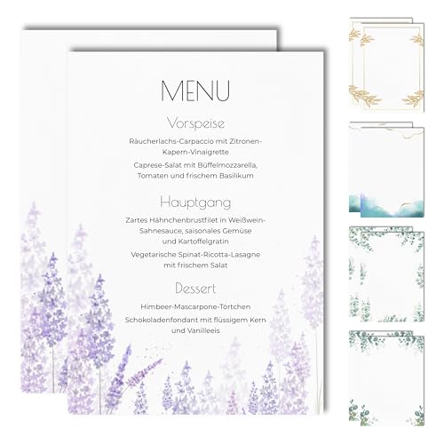 15 Blanko Menükarten für Speisekarten und Getränkekarten für die Hochzeit, Geburtstag, Konfirmation (Lavendel) von Bartschibär