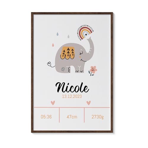 Bartschibär Minimalistisches Geburtsposter personalisiert mit Geburtsdaten und Namen, DIN A4 Poster, Geschenk zur Geburt für Eltern Mama und Papa, Baby, Taufe - ohne Rahmen (Elephant) von Bartschibär