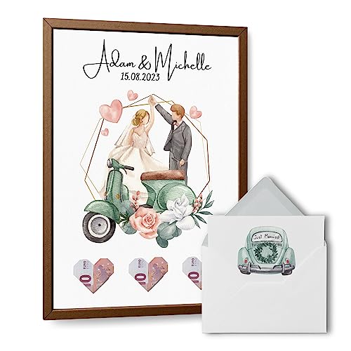 Hochzeitsgeschenk Geldpräsent | Just Married | ohne Rahmen | Hochzeiten – Ein originelles Hochzeitsgeschenk fürs Brautpaar – Din A4 mit Karte und schönem Briefumschlag (A4, Hochzeitsvespa in Grün) von Bartschibär