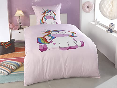 BaSaTex Microfaser Kinderbettwäsche Einhorn Unicorn Pink 2 TLG. Set 1x 135x200 cm 1x 80x80 cm von BaSaTex