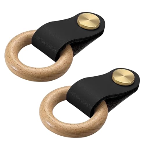 Türgriff für Kinderzimmer, Kleiderschrank, 2 Stück, Leder, Schrankgriff, Buchenholz, Schubladengriff, runde Zierleisten, für Schränke, Küche, Schlafzimmer, Möbelbeschläge (schwarz) von Bascabeen