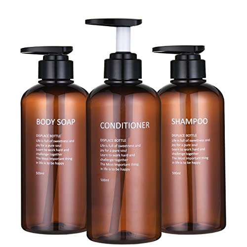 Shampoo- und Conditioner-Spenderflaschen, 3 Stück, 500 ml, Kunststoff, Leere, nachfüllbare Pump-Lotion-Flaschenbehälter, Set für Gäste, Badezimmer, Dusche, Körperwäsche (bernsteinfarben) von BasedFloor