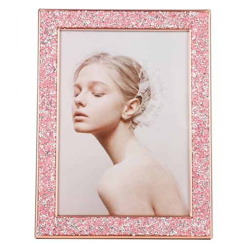 Strass-Bilderrahmen 12,7 x 17,8 cm, glitzernder Diamant-Bilderrahmen, aus Metall und Echtglas, für Wand- oder Tisch-Display, vertikal und horizontal (Pink Gold, 12,7 x 17,8 cm) von Baseo
