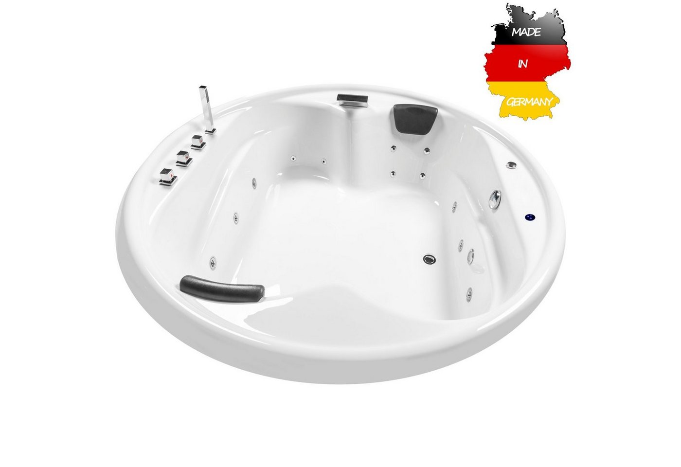 Basera® Whirlpool-Badewanne BASIC Indoor Podest-Whirlpool Badewanne XXL Gomera Rund 182 x 182 cm, (Komplett-Set), mit 18 Massagedüsen, Wasserfall, LED von Basera®