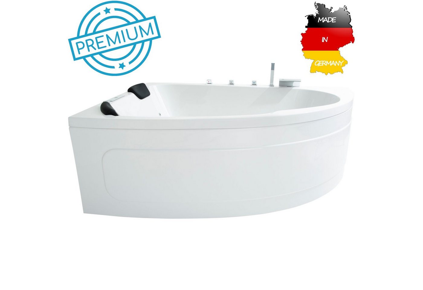 Basera® Whirlpool-Badewanne PREMIUM Indoor Eck-Whirlpool Badewanne Guam Li. 180x130cm für 2 Pers., (Komplett-Set), mit 25 Massagedüsen, Heizung, Ozongenerator, Wasserfall, LED, Touch... von Basera®