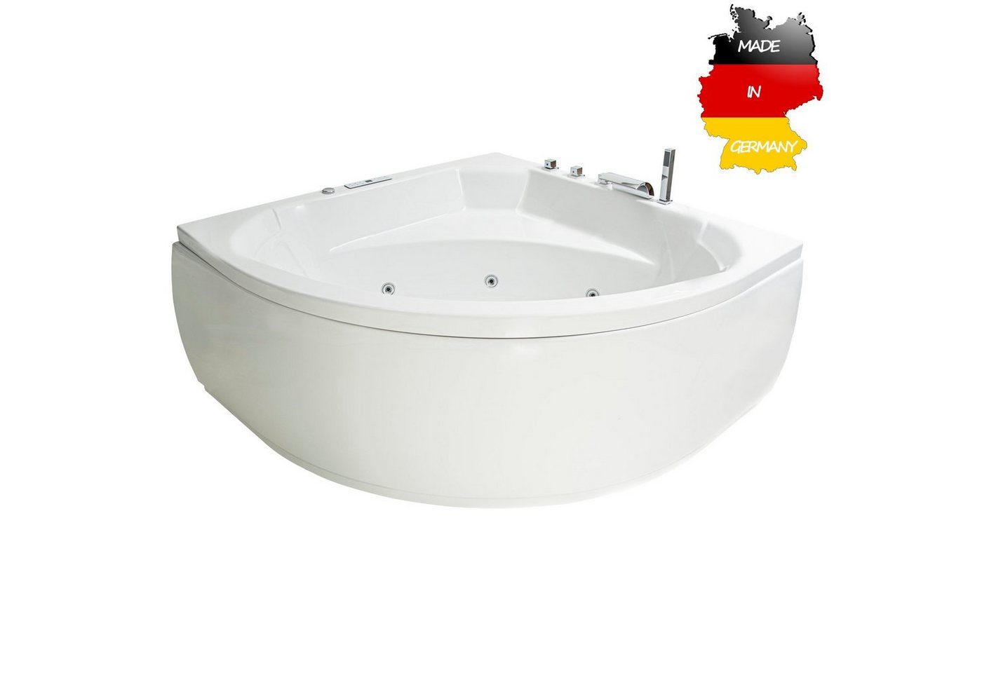 Basera® Whirlpool-Badewanne CLASSIC Indoor Eck-Whirlpool Badewanne Korfu 155 x 155 cm, (Komplett-Set), mit 25 Massagedüsen, Wasserfall, LED, Touchpanel, Bluetooth und Radio von Basera®