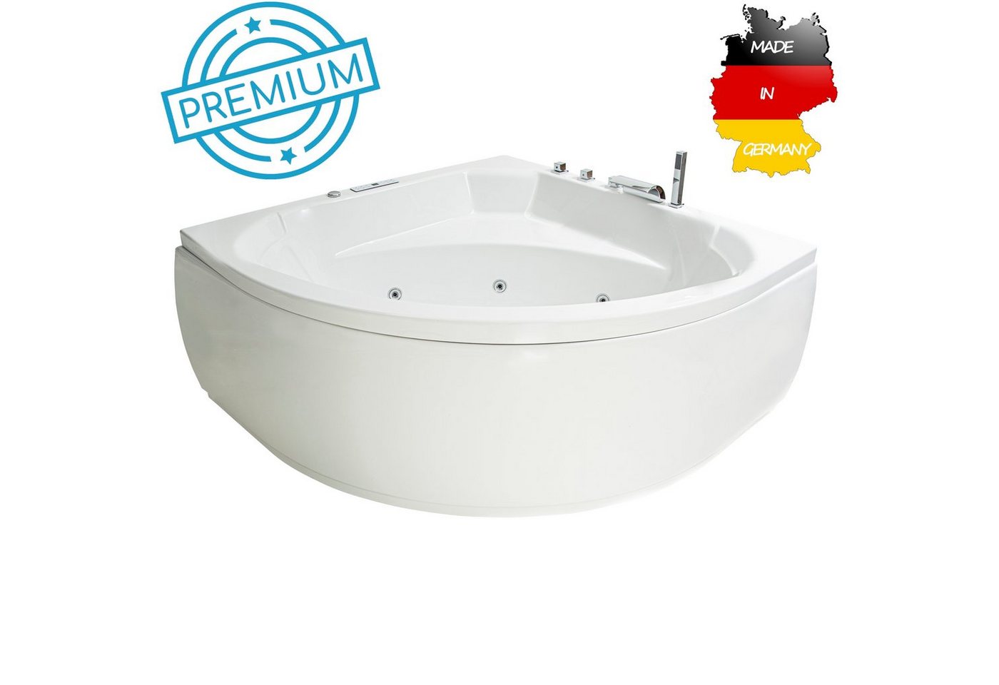 Basera® Whirlpool-Badewanne PREMIUM Indoor Eck-Whirlpool Badewanne Korfu 155 x 155 cm, (Komplett-Set), mit 25 Massagedüsen, Heizung, Ozongenerator, Wasserfall, LED, Touch... von Basera®