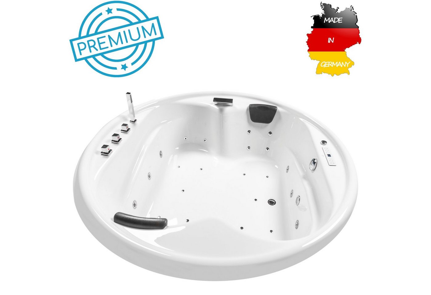 Basera® Whirlpool-Badewanne PREMIUM Indoor Podest-Whirlpool Badewanne XXL Gomera Rund 182 x 182 cm, (Komplett-Set), mit 28 Massagedüsen, Heizung, Ozongenerator, Bodenansaugung, Wasser... von Basera®