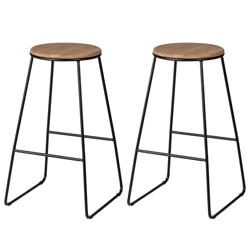 Barhocker 2er Set im Retro-Stil, Küchenstühle mit Bambus-Sitz, Metallbeine von Basera