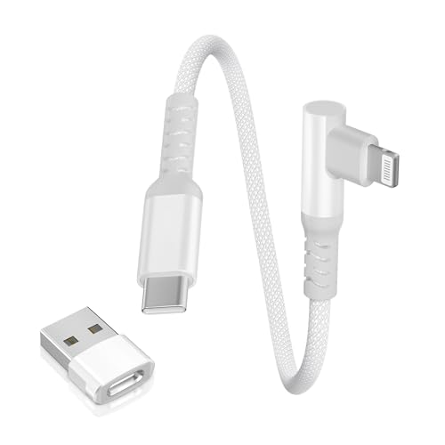 Basesailor Winkel USB C auf Lightning Ladekabel 0.3M mit USB A Adapter,90 Grad Kurz Kable,Typ C Netzteil PD Schnellladekabel für iPhone 11 12 13 14 Mini Pro Max SE,APPLE IOS Airpods 2 3,iPad 9 8 7 Gen von Basesailor