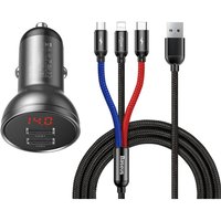 Basetech - Autoladegerät 2x usb 4,8A 24W mit LCD-Display + 3-in-1-Kabel 1,2m schwarz von Basetech