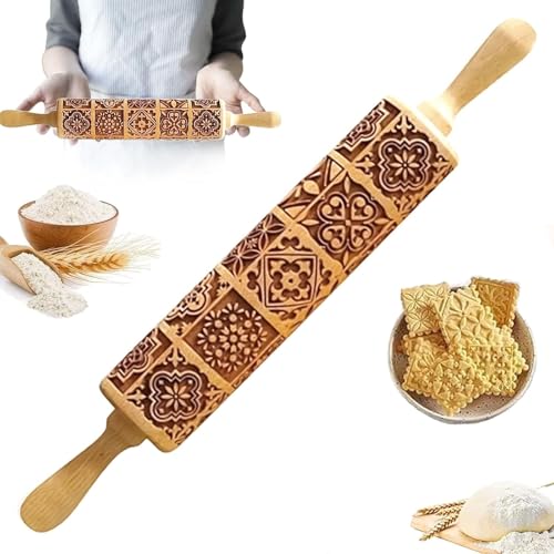 Backrolle aus Holz, 3D Präge Nudelholz, Holz Nudelhölzer mit Muster 3D, Präge Nudelholz Backzubehör, Nudelholz mit Metallachse, für Fondant Teig Pizza Amygline Keks von Basetousual