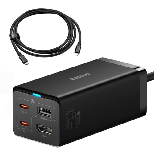 Baseus HUB GaN5 Pro Fast Charger C+C+U+HDMI with Power Cable 1.5m + Type-C to Type-C Cable (1m, 100W, 40Gb/s), Black EU (CCGP110201) von Baseus
