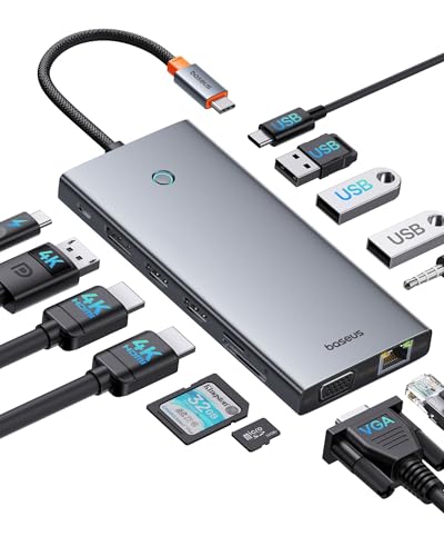 【Chip-Optimiert】Baseus USB C Docking Station 3 Monitore, 13-in-1 USB C Hub mit 2 HDMI 4K@60Hz, DisplayPort 4K@60Hz, VGA, USB 3.1 10 Gbps, PD 100W und Ethernet für Dell/HP/Lenovo/Surface Laptop von Baseus