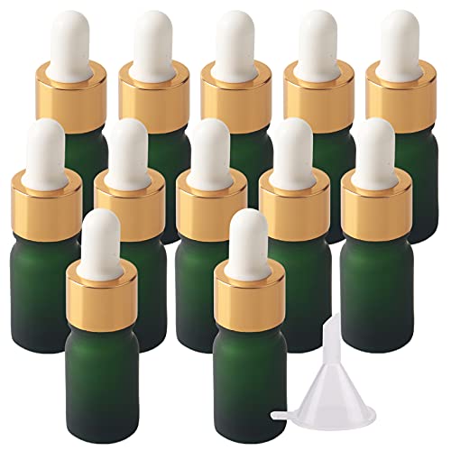 BasicPacking 12 Stück 5ml Matt Grünglas Pipettenflasche, Leere Kleine Grün Mattglas Flasche mit Weiß/Gold Pipette, Glaspipette Tropfflasche für ätherische Öle Aromatherapie + 2x Trichter von BasicPacking