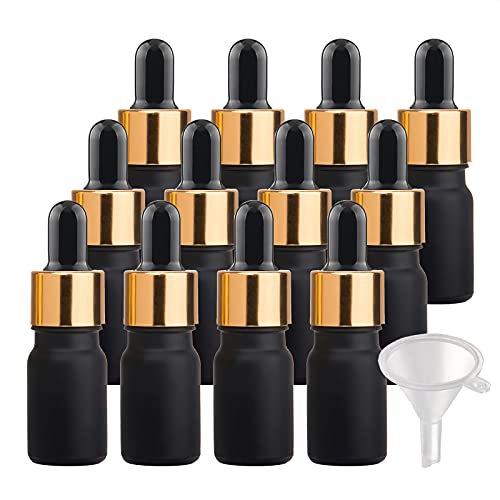 BasicPacking 12 Stück 5ml Matt Schwarzglas Pipettenflasche, Leere Kleine Glasflasche mit Gold/Schwarz Pipette, Glaspipette Tropfflasche für ätherische Öle Aromatherapie + 2x Trichter von BasicPacking