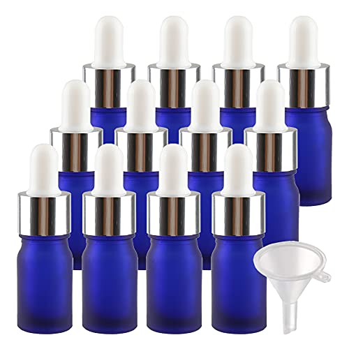 BasicPacking 24 Stück 5ml Matt Blauglas Pipettenflasche, Leere Kleine Blau Glasflasche mit Weiß/Silber Pipette, Tropfflasche Glaspipette für ätherische Öle Aromatherapie + 4X Trichter von BasicPacking