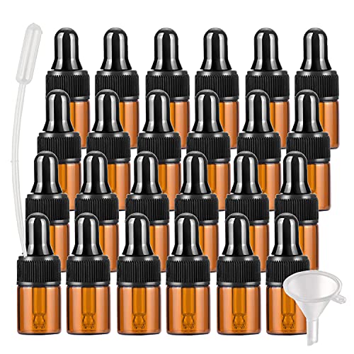 BasicPacking 25 Stück 2ml Braunglas Pipettenflasche, Leere Kleine Bernstein Braun Glasflasche mit Pipette, Stichprobe Glaspipette Tropfflasche für ätherische Öle Aromatherapie + Trichter von BasicPacking