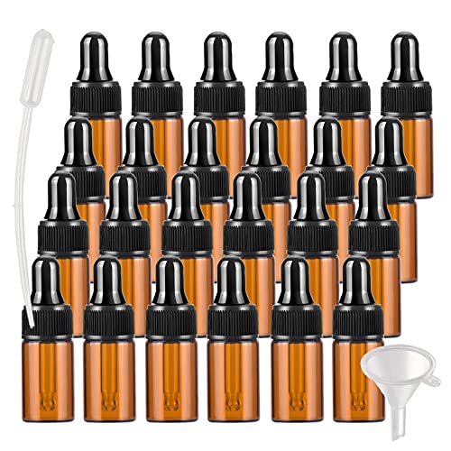 BasicPacking 25 Stück 3ml Braunglas Pipettenflasche, Leere Kleine Bernstein Braun Glasflasche mit Pipette, Stichprobe Glaspipette Tropfflasche für ätherische Öle Aromatherapie + Trichter von BasicPacking