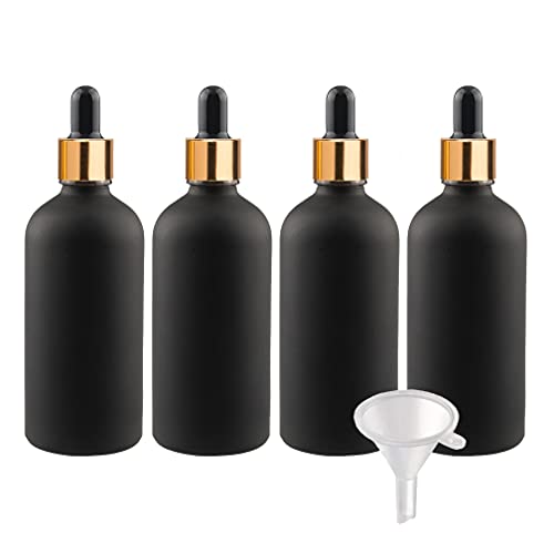 BasicPacking 4 Stück 100ml Matt Schwarzglas Pipettenflasche, Leere Kleine Glasflasche mit Gold/Schwarz Pipette, Glaspipette Tropfflasche für ätherische Öle Aromatherapie + 1x Trichter von BasicPacking