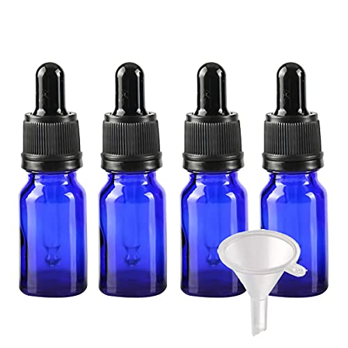 BasicPacking 4 Stück 10ml Blau Glas Pipettenflasche, Leere Kleine Glasflasche mit Pipette Originalitätsverschluss, Glaspipette Tropfflasche für ätherische Öle Aromatherapie + 1x Trichter von BasicPacking