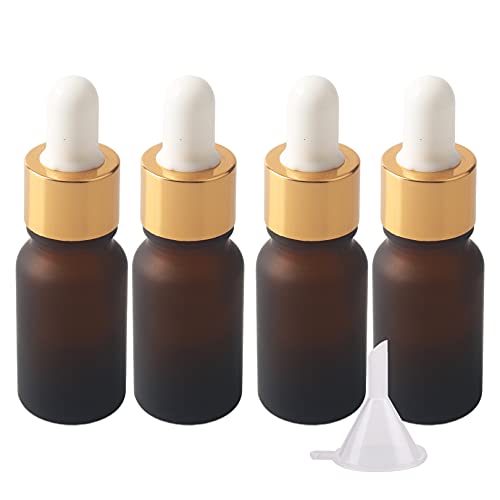 BasicPacking 4 Stück 10ml Matt Braunglas Pipettenflasche, Leere Kleine Bernstein Glasflasche mit Weiß/Gold Pipette, Glaspipette Tropfflasche für ätherische Öle Aromatherapie + 1x Trichter von BasicPacking