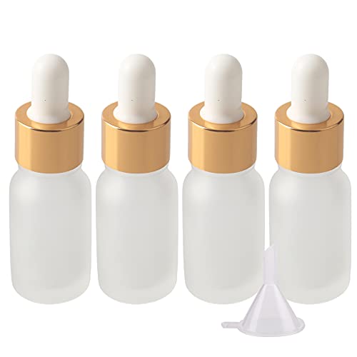 BasicPacking 4 Stück 10ml Matt Klarglas Pipettenflasche, Leere Transparent Bernstein Glasflasche mit Weiß/Gold Pipette, Glaspipette Tropfflasche für ätherische Öle Aromatherapie + 1x Trichter von BasicPacking
