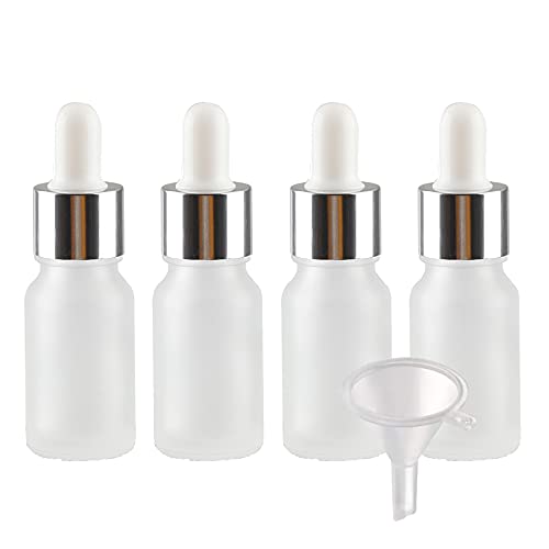 BasicPacking 4 Stück 10ml Matt Klarglas Pipettenflasche, Leere Transparent Bernstein Glasflasche mit Weiß/Silber Pipette, Glaspipette Tropfflasche für ätherische Öle Aromatherapie + 1x Trichter von BasicPacking