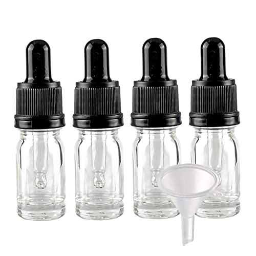 BasicPacking 4 Stück 10ml Transparent Glas Pipettenflasche, Leere Kleine Glasflasche mit Pipette Originalitätsverschluss, Glaspipette Tropfflasche für ätherische Öle Aromatherapie + 1x Trichter von BasicPacking