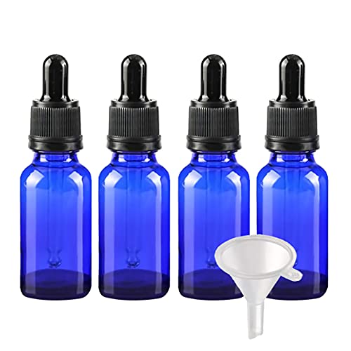 BasicPacking 4 Stück 20ml Blau Glas Pipettenflasche, Leere Kleine Glasflasche mit Pipette Originalitätsverschluss, Glaspipette Tropfflasche für ätherische Öle Aromatherapie + 1x Trichter von BasicPacking