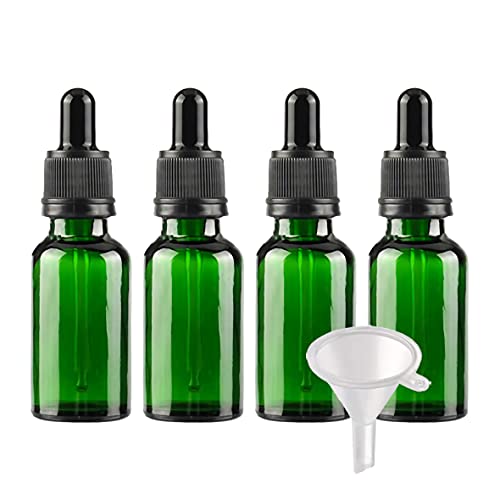 BasicPacking 4 Stück 20ml Grün Glas Pipettenflasche, Leere Kleine Glasflasche mit Pipette Originalitätsverschluss, Glaspipette Tropfflasche für ätherische Öle Aromatherapie + 1x Trichter von BasicPacking