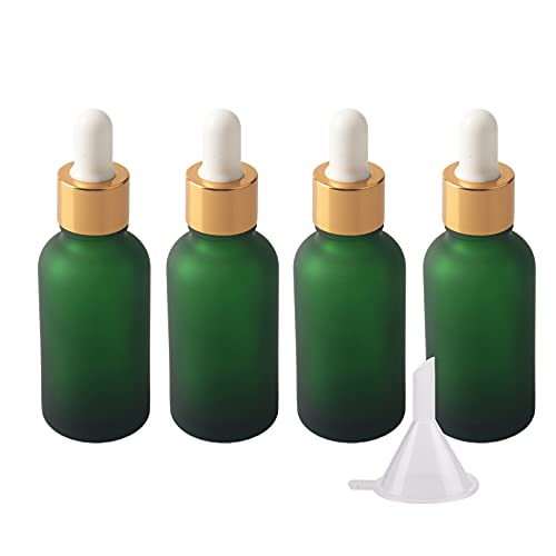 BasicPacking 4 Stück 30ml Matt Grünglas Pipettenflasche, Leere Kleine Grün Glasflasche mit Weiß/Gold Pipette, Glaspipette Tropfflasche für ätherische Öle Aromatherapie + 1x Trichter von BasicPacking