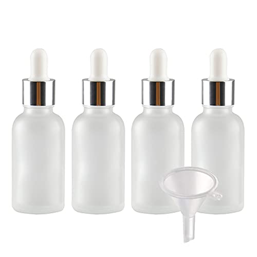 BasicPacking 4 Stück 30ml Matt Klarglas Pipettenflasche, Leere Transparent Bernstein Glasflasche mit Weiß/Silber Pipette, Glaspipette Tropfflasche für ätherische Öle Aromatherapie + 1x Trichter von BasicPacking