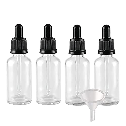 BasicPacking 4 Stück 30ml Transparent Glas Pipettenflasche, Leere Kleine Glasflasche mit Pipette Originalitätsverschluss, Glaspipette Tropfflasche für ätherische Öle Aromatherapie + 1x Trichter von BasicPacking