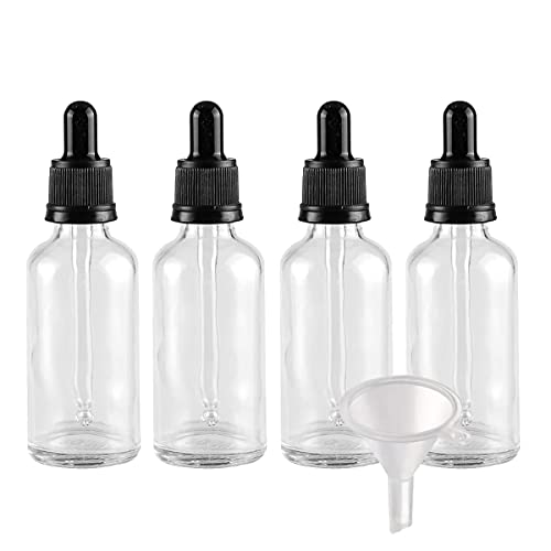 BasicPacking 4 Stück 50ml Transparent Glas Pipettenflasche, Leere Kleine Glasflasche mit Pipette Originalitätsverschluss, Glaspipette Tropfflasche für ätherische Öle Aromatherapie + 1x Trichter von BasicPacking