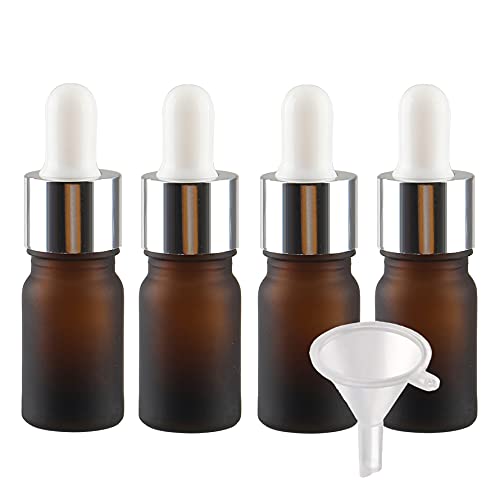 BasicPacking 4 Stück 5ml Matt Braunglas Pipettenflasche, Leere Kleine Bernstein Glasflasche mit Weiß/Silber Pipette, Glaspipette Tropfflasche für ätherische Öle Aromatherapie + 1x Trichter von BasicPacking