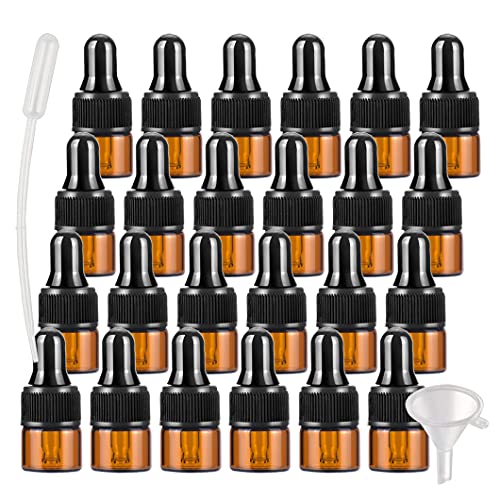 BasicPacking 50 Stück 1ml Braunglas Pipettenflasche, Leere Kleine Bernstein Braun Glasflasche mit Pipette, Stichprobe Glaspipette Tropfflasche für ätherische Öle Aromatherapie + Trichter von BasicPacking