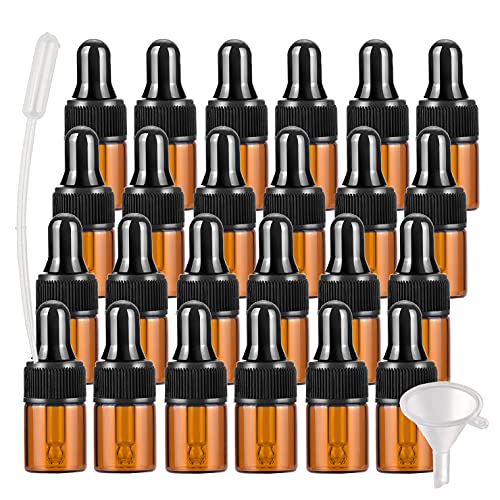BasicPacking 50 Stück 2ml Braunglas Pipettenflasche, Leere Kleine Bernstein Braun Glasflasche mit Pipette, Stichprobe Glaspipette Tropfflasche für ätherische Öle Aromatherapie + Trichter von BasicPacking
