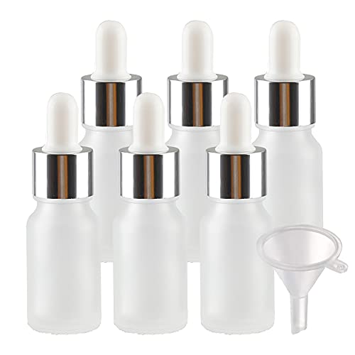 BasicPacking 6 Stück 10ml Matt Klarglas Pipettenflasche, Leere Transparent Bernstein Glasflasche mit Weiß/Silber Pipette, Glaspipette Tropfflasche für Aromatherapie ätherische Öle + 1x Trichter von BasicPacking
