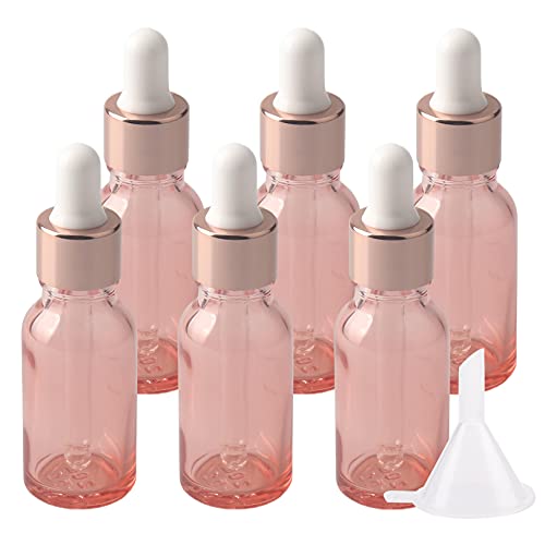 BasicPacking 6 Stück 20ml Rosaglas Pipettenflasche, Leere Kleine Glasflasche mit Weiß/Rosa Pipette, Glaspipette Tropfflasche für ätherische Öle Aromatherapie + 1x Trichter von BasicPacking