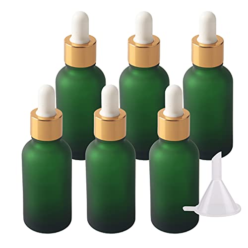 BasicPacking 6 Stück 30ml Matt Grünglas Pipettenflasche, Leere Kleine Grün Glasflasche mit Weiß/Gold Pipette, Glaspipette Tropfflasche für Aromatherapie ätherische Öle + 1x Trichter von BasicPacking