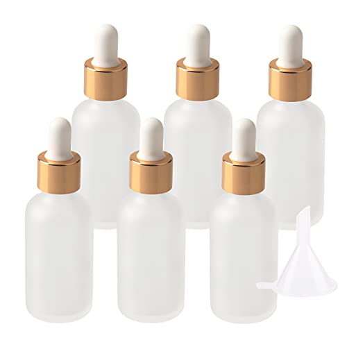 BasicPacking 6 Stück 30ml Matt Klarglas Pipettenflasche, Leere Transparent Bernstein Glasflasche mit Weiß/Gold Pipette, Glaspipette Tropfflasche für Aromatherapie ätherische Öle + 1x Trichter von BasicPacking
