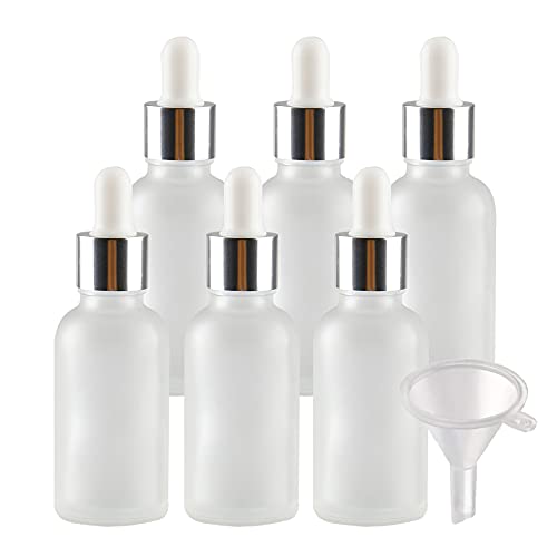 BasicPacking 6 Stück 30ml Matt Klarglas Pipettenflasche, Leere Transparent Bernstein Glasflasche mit Weiß/Silber Pipette, Glaspipette Tropfflasche für Aromatherapie ätherische Öle + 1x Trichter von BasicPacking