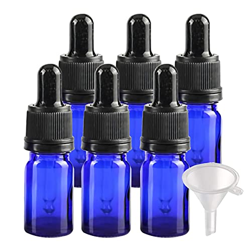BasicPacking 6 Stück 5ml Blau Glas Pipettenflasche, Leere Kleine Glasflasche mit Pipette Originalitätsverschluss, Glaspipette Tropfflasche für ätherische Öle Aromatherapie + 1x Trichter von BasicPacking